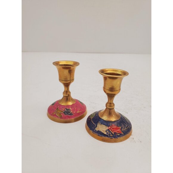 Vintage Brass Candlestick Holder | round Base |Vintage Enamelled Brass - Picture 7 of 10